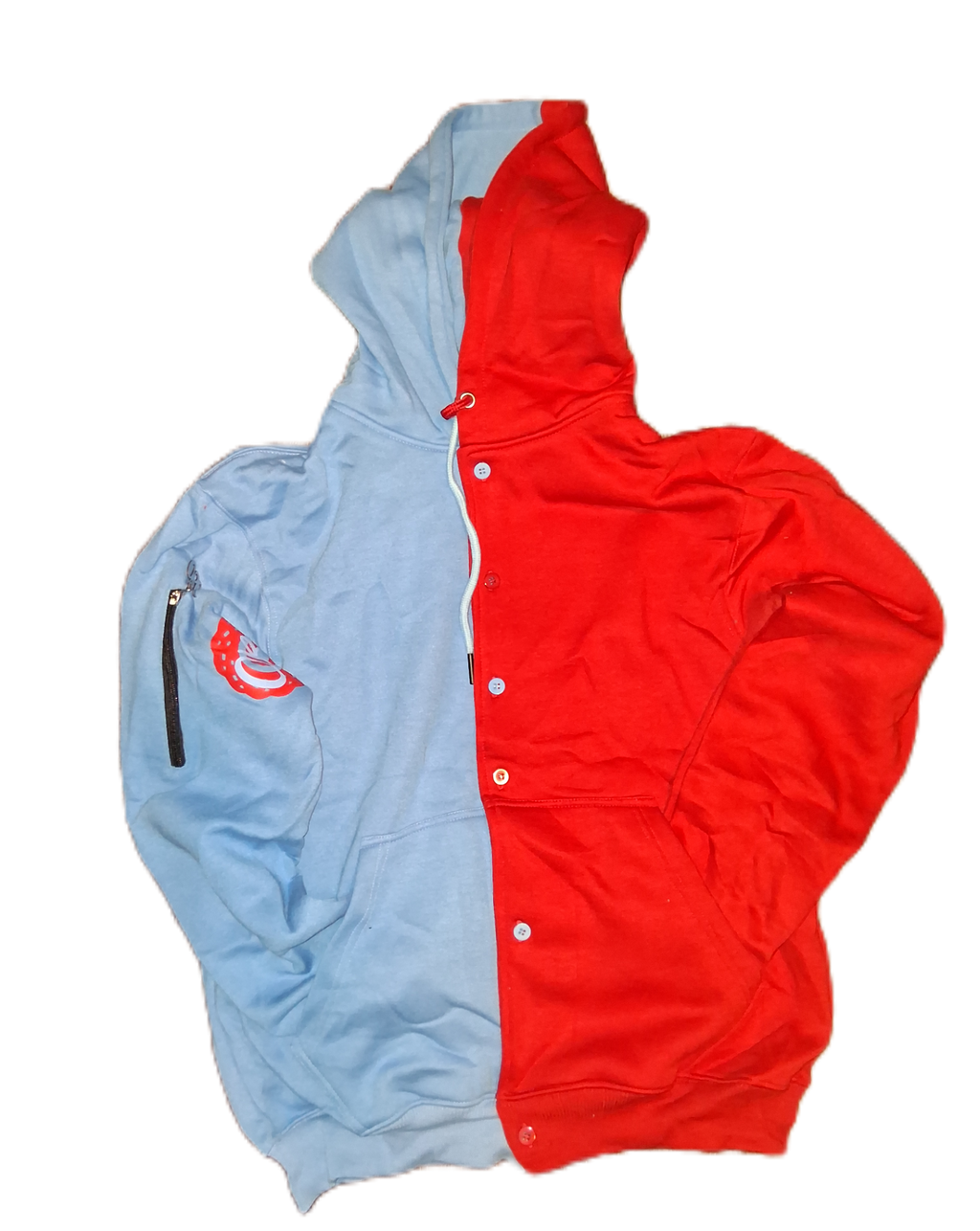 OBC SPLIT RED AND POWDER BLUE FLEECE BUTTON UP  HOODIE