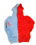 OBC SPLIT RED AND POWDER BLUE FLEECE BUTTON UP  HOODIE