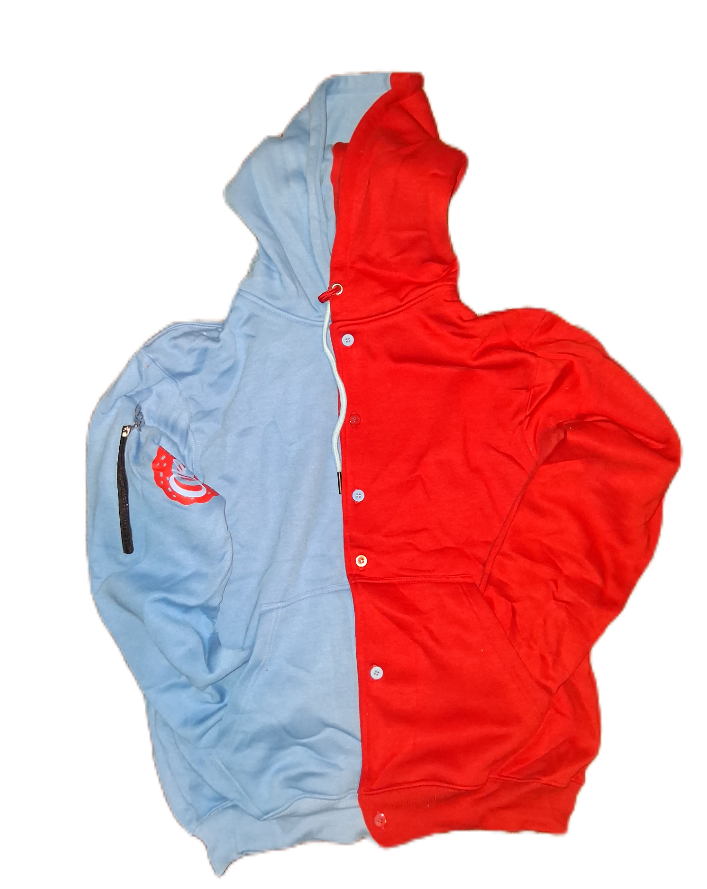 OBC SPLIT RED AND POWDER BLUE FLEECE BUTTON UP  HOODIE