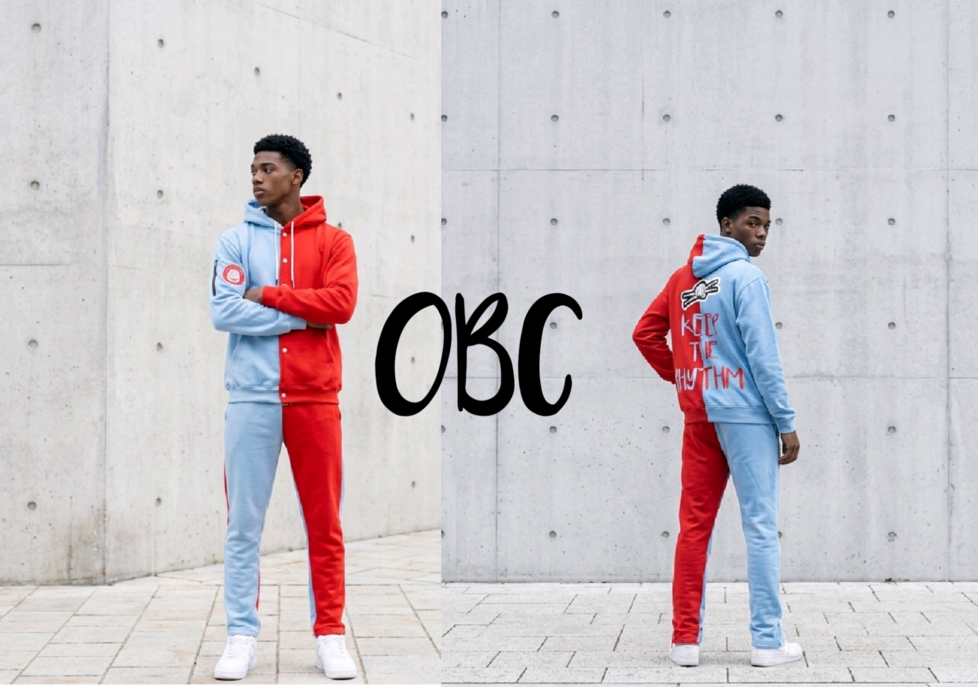 OBC SPLIT RED AND POWDER BLUE FLEECE BUTTON UP  HOODIE